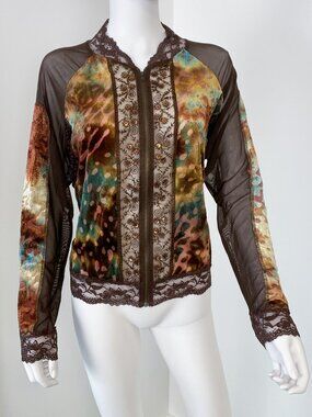 Piano Cocoa Brown Print Zipped Cardigan Sweater with Velvet and Sheer Lace, XL